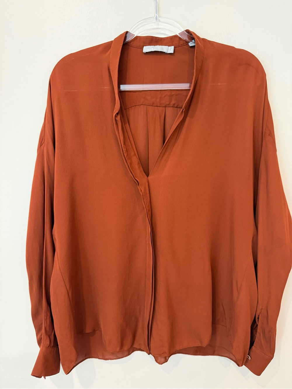 Vince Silk Band-Collar Split-Neck Blouse Popover in Rust Amber Fall Autumn